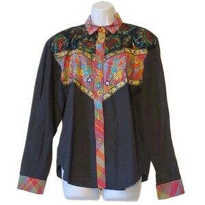 Vintage Women's L Thums Up Black Sparkly Western Style Buttons Long Sleeve Shirt